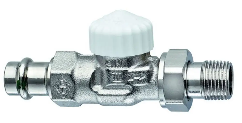 Thermostatventil mit verchromter Oberfläche und einem weißen Handrad. Hersteller: IMI Hydronic Engineering. Anschlussmöglichkeiten für Heizungsleitungen.